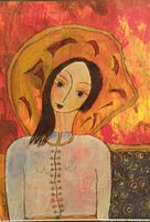 Close-up shot of the woman’s bust and neckline with button details and part of the colorful background.