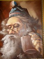 Close-up showing the detailed brushwork of the man's face, hat, and mug, including the artist's signature at the bottom left.