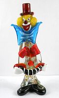 Front view of a colorful Murano glass clown sculpture showing red top hat, yellow hair, blue collar, red gloves, and black and white shoes on a multi-color clear glass body.