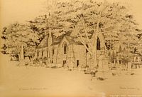 Close-up of vintage print detail showing church, trees, and grave markers with signature and edition number visible.