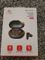 Photos of Kalear BT6 Bluetooth true wireless earbuds and charging case box, showing features and model info