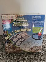Photo of sealed Creatology Rock Tumbler Refill Polishing Kit package showing box front with product details, 47 pieces, recommended age 8+.