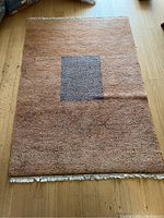 Full view of rectangular wool carpet on wooden floor showing basic design and condition.