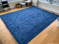 Full view of blue rug laid flat on hardwood floor in front of windows