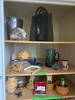 Shelf overview showing fossils on top shelf and various decorative items on middle and bottom shelves