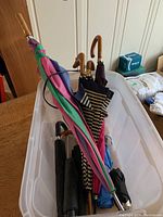 Long and compact umbrellas in a plastic bin leaning against the side, including colorful and striped long umbrella handles with wooden curved handles.