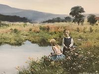 Close-up detail of the print showing two children near a creek in a field with mountains in the background.