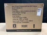 Cardboard box of Emeril Pressure AirFryer 6QT Deluxe showing item details and dimensions.