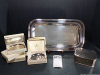 All items shown together: two Ventrella wedding favor dishes in original boxes, CESA silver plate tray, Barker Ellis box