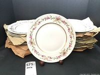 Stack of dinner plates with one plate on stand showing pattern and estimated quantity