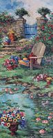 Closeup detail of the garden print, showing chair, flowers, pond and garden gate in artwork.