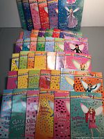 Front view showing majority of the 40 Rainbow Magic Fairy books arranged in rows, colorful covers with fairy illustrations visible