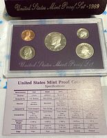 Five 1989-S proof coins in plastic case with purple background, titled 'United States Mint Proof Set 1989'.