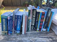 Photo of spine titles of all books showing travel guides, cooking, training, fiction, and more