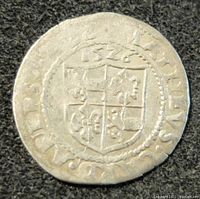 Close-up of obverse side showing quartered shield and date 1526 with surrounding medieval inscription