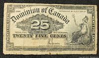 Front side of the 1900 Dominion of Canada 25 cents note showing denomination and seated figure illustration.