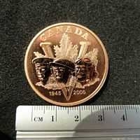 Front side of the copper Canada WWII Victory commemorative medal showing three soldier profiles with a maple leaf and the years 1945 and 2005.