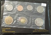 Front view of sealed 2005 Royal Canadian Mint Uncirculated coin set with seven coins visible in plastic packaging attached to black card.