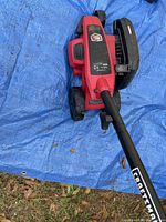 Red and black Craftsman electric lawn edger on blue tarp and grass