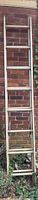 Full view of the tall aluminum extension ladder leaning against a brick wall outdoors.