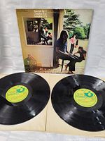 Photo of the two black vinyl records with yellow/green Capitol Records labels placed in front of the album cover which has typical light wear.