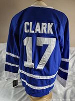 Back view of blue hockey jersey showing CLARK and number 17 in white sewn lettering.