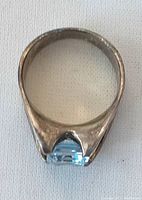 Top view of the sterling silver ring showing the large faceted rectangular blue stone and the shape of the band.