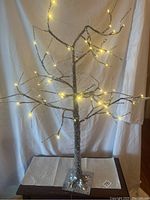 36 inch artificial decorative tree with warm white LED string lights wrapped around bare branches, glittery textured surface on trunk and branches, standing on a square base.