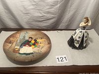 Decorative plate with Balloon Lady scene and Margaret figurine side by side