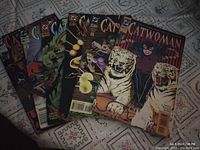 Six Catwoman comic books laid out, issues #10, 11, 15, 19, 23, and 24 visible with varying cover art including Catwoman with large white tigers and action scenes.