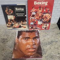 Three vintage hardcover boxing books arranged upright and flat on a granite countertop. Cover images include Muhammad Ali in boxing stance, an illustrated boxing scene, and a closeup portrait of Muhammad Ali.