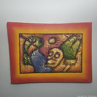 Front view of the bright abstract textured painting on canvas showing color and details.