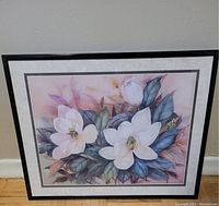 Full view of framed magnolia flower print by Lilly Chang, showing the detailed floral artwork, frame, and matting.