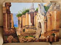 Full view of the oil painting showing Greek architectural ruins with earth tones and blue sky.