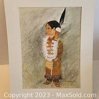 Front view of the indigenous themed painting showing a Native American figure with traditional clothing and feather on head, on a muted earth tone background.