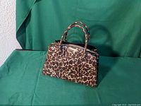 Front view of animal print purse on green backdrop showing double handles and rectangular shape.