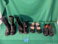 Four pairs of footwear displayed front view on green backdrop showing Harley Davidson boots and Dansko shoes.