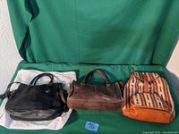 Three leather purses displayed: black Clark's handbag, brown Born handbag, Guatemalan style backpack purse; on green background