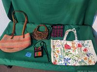 Overview of all five assorted bags and purses arranged together showing variety in size, color, and style.