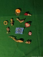 Set of eleven decorative pins arranged on a green fabric background showing various designs including flowers, a bird, a heart, and a no smoking sign
