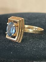 Angled front view of ring showing aquamarine stone and stepped bezel