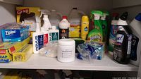 Shelf with assorted cleaning products and kitchen supplies including Lysol, Novus, Clorox, Fantastik, Liquid Plumr, plastic wraps, and bags.