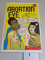 Front cover of 1973 Abortion Eve comic book featuring discussion about abortion with illustrated speech bubbles and four characters.