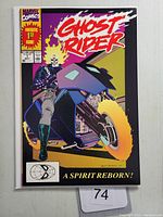 Front cover of Ghost Rider #1 comic book, showing Ghost Rider and motorcycle with flaming wheel.