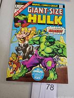 Front cover photo showing the colorful Giant-Size Hulk #1 Marvel comic book with the Hulk fighting multiple foes, 68 pages, priced 50 cents.