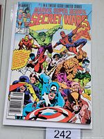 Front cover of Marvel Super Heroes Secret Wars #1 comic showing colorful superheroes and price/date info.