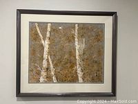 Full view of framed white birch print artwork, showing double matting and glare-free glass with metallic distressed frame.
