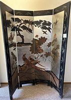Front view of the four-panel vintage Asian Chinoiserie room divider showing detailed artwork and black frame.