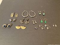 Overhead view of all earrings on black background arranged in rows