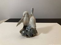 Front view of two love birds perched on green leaves with blue flowers, porcelain finish, glossy